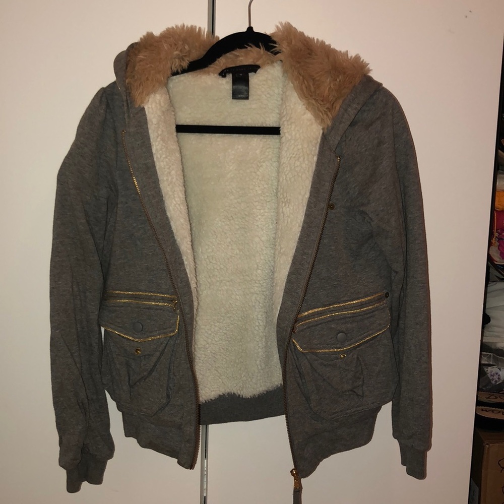 dark grey marc jacobs furry hooded jacket